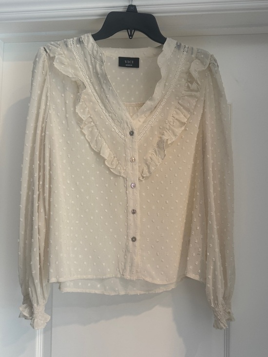 Vici Tops - VICI Cream Swiss Dot Ruffle Button-Front Blouse